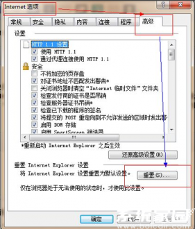 Internet选项高级选项卡界面